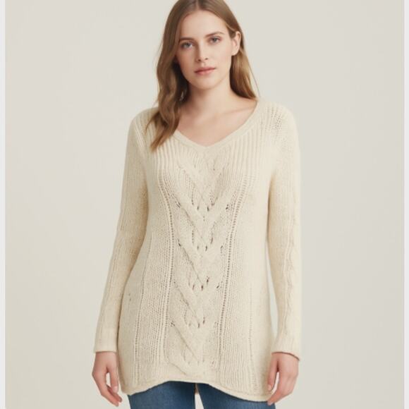 J. Jill SZ L Wool Alpaca Blend V Neck Cable Knit Tunic Length Fisherman Sweater - Picture 1 of 8